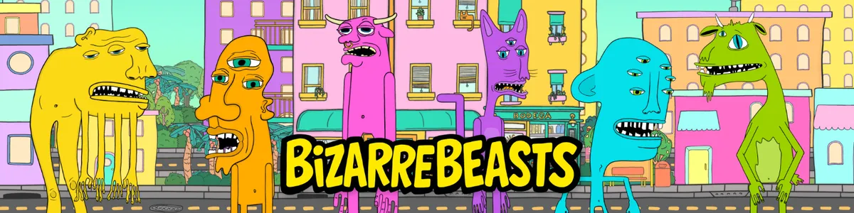 The cast on a street in Bizarre City, with the BizarreBeasts logo.