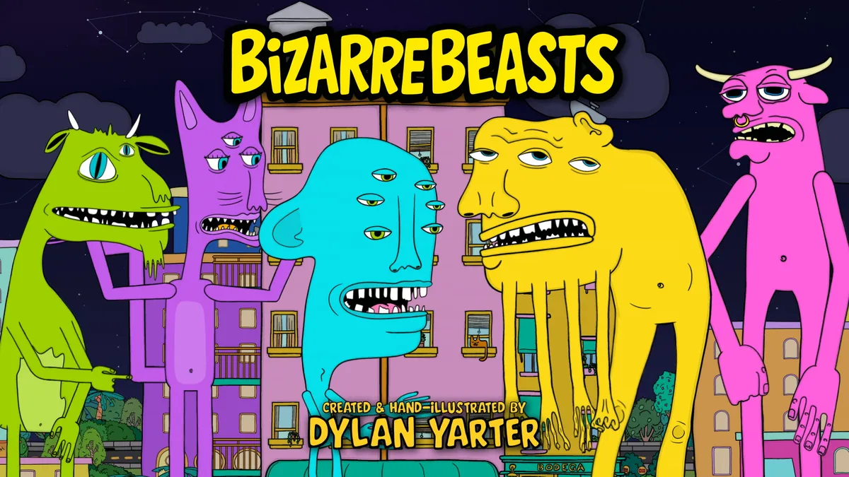 The BizarreBeasts title card: the cast in Bizarre City at night.